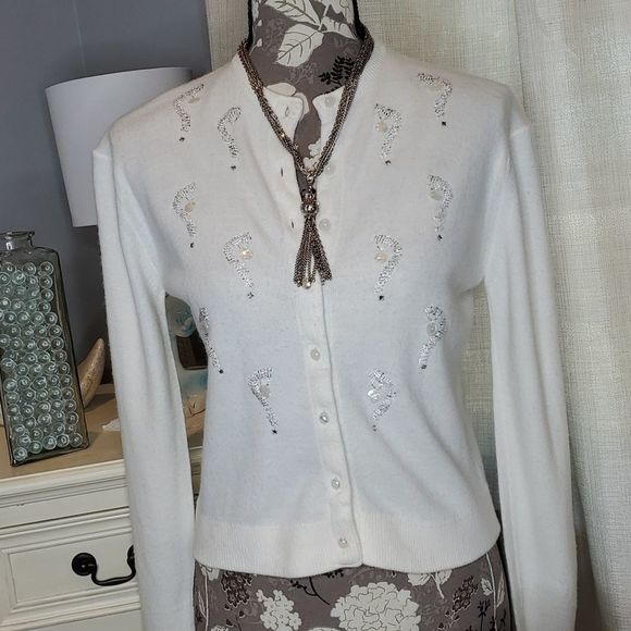 Penrose Sweaters - Vintage PENROSE Delicate White Beaded Cardigan, Sz S? Stunning & Unique